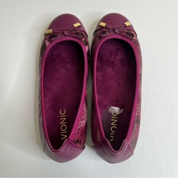 Vionic Minna Purple Leather Cap Toe Bow Snakeskin Ballet Flats Slip On Women 7 - Picture 3 of 14